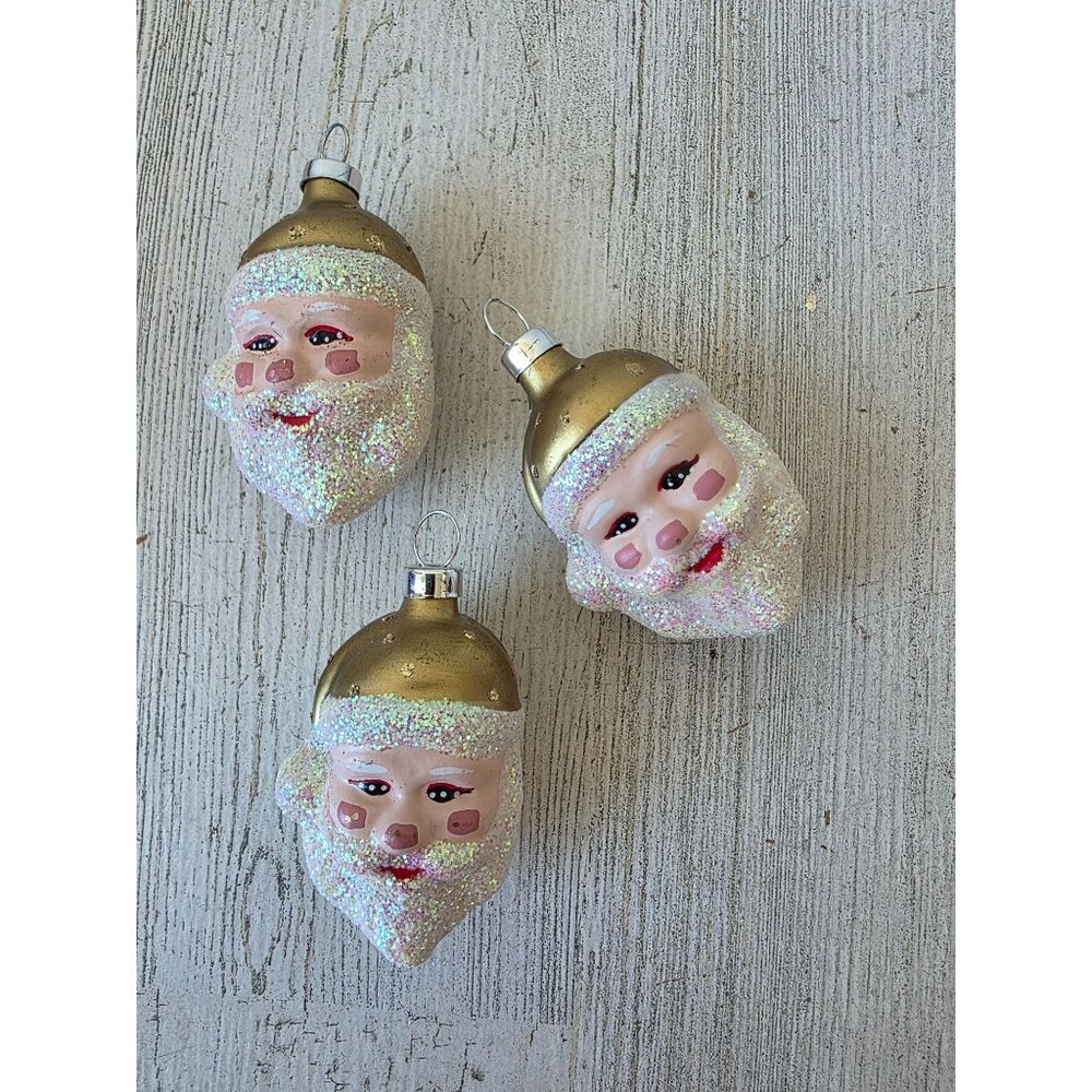 Vintage‎ gold Santa glitter bust ornament glass Xmas tree